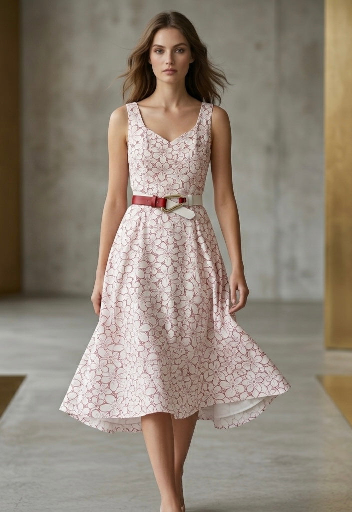 PHARDI Floral Sleeveless Midi Dress with Belt
