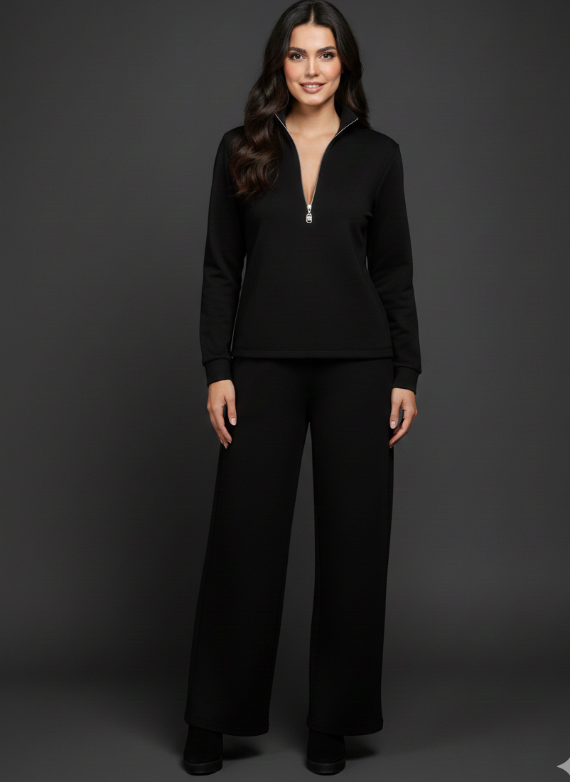 Classic Black Zip Lounge Set – Elegant & Comfortable Two-Piece
