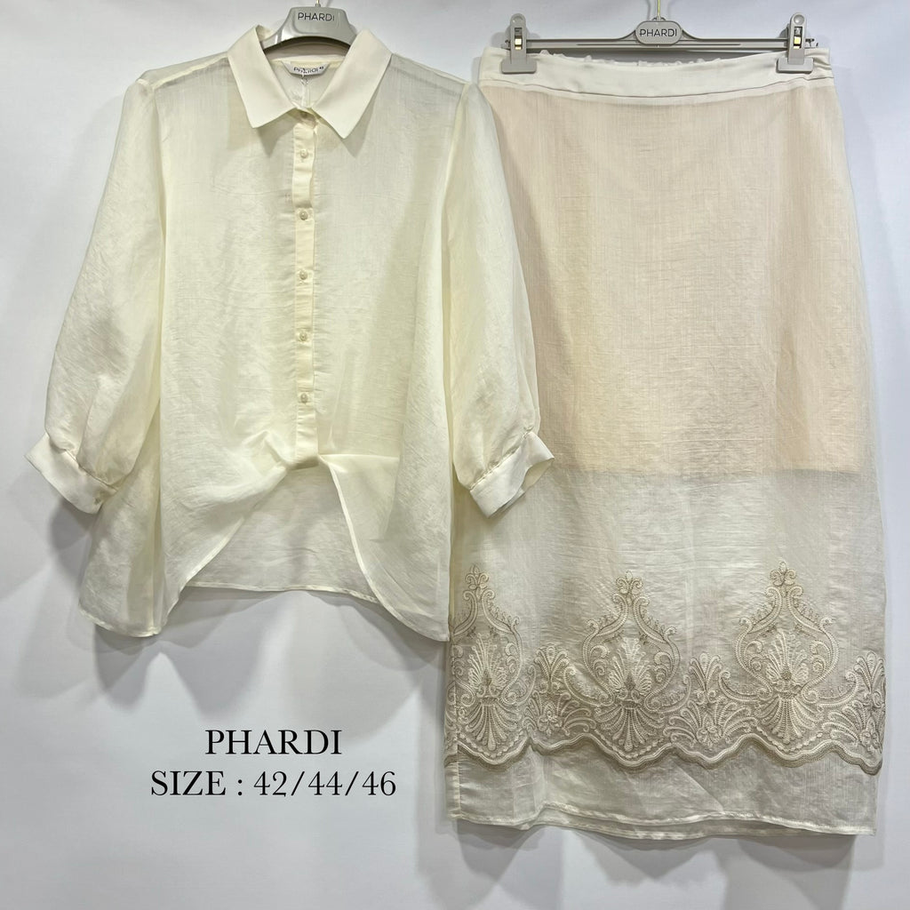 Light Yellow Embroidered Sheer Shirt & Skirt Set