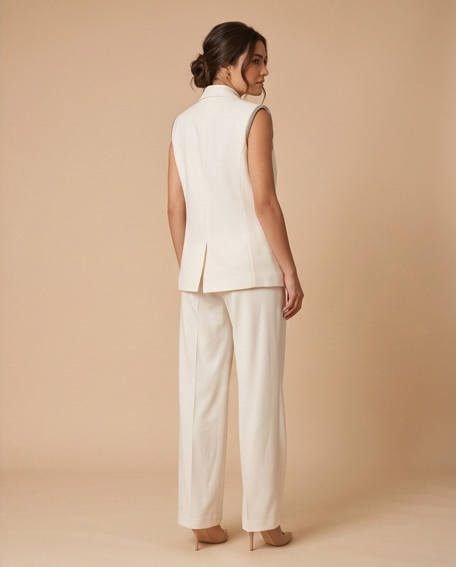 Double-Breasted Sleeveless Vest Suit - White | Premium Power Suit Set