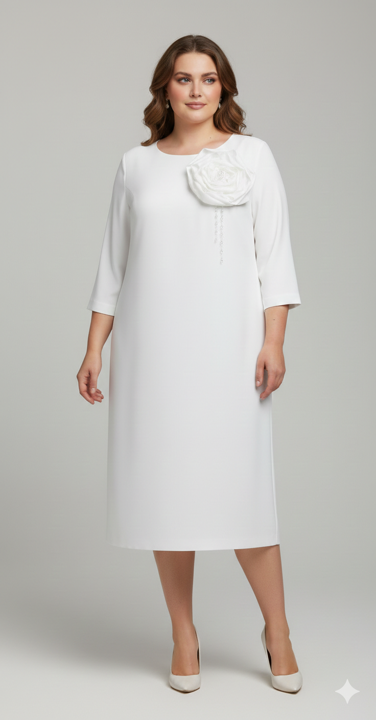 Elegant White Midi Dress with Floral Detail