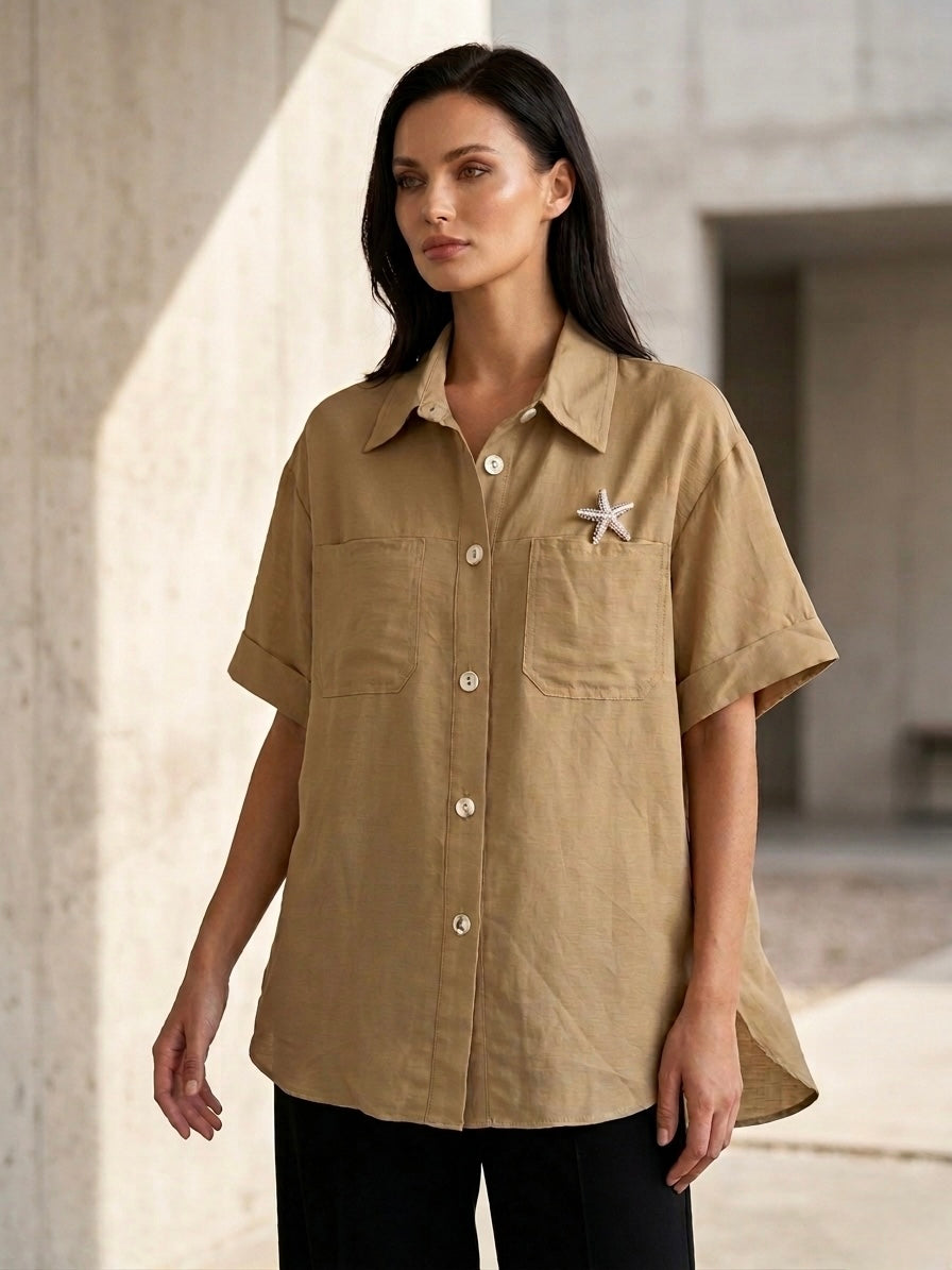 Beige Oversized Linen Shirt with Starfish Brooch – PHARDI