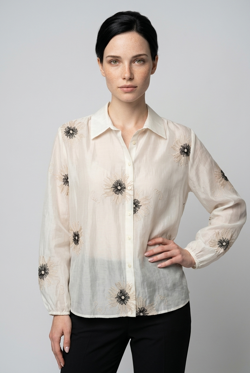 Elegant Floral Embroidered Ivory Women’s Shirt