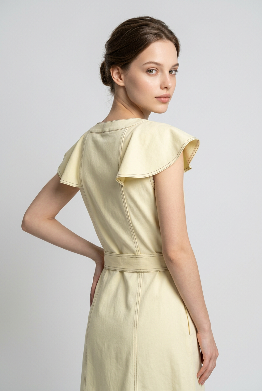 Elegant Ruffle Collar Belted Midi Dress