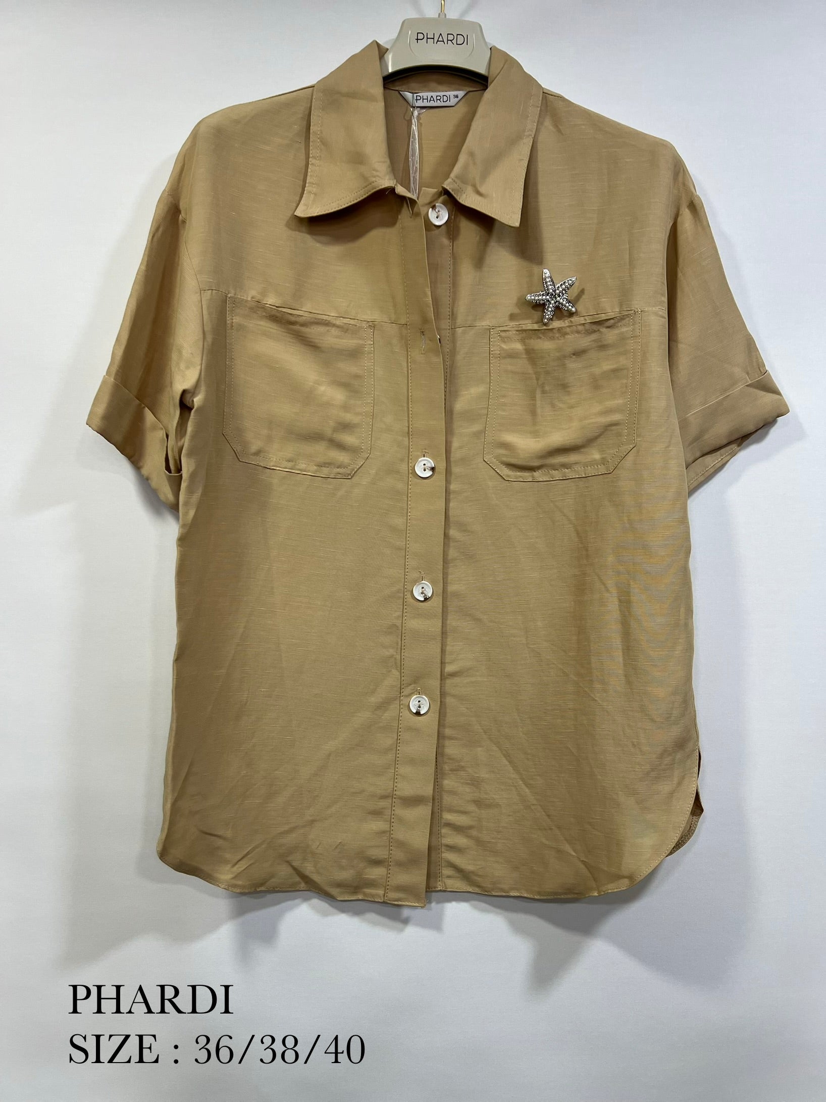 Beige Oversized Linen Shirt with Starfish Brooch – PHARDI