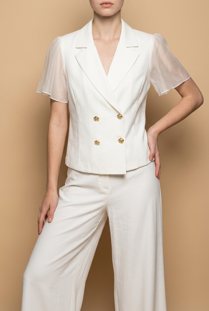 Elegant Ivory Double-Breasted Blouse & Wide-Leg Pants Set