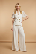 Elegant Ivory Double-Breasted Blouse & Wide-Leg Pants Set