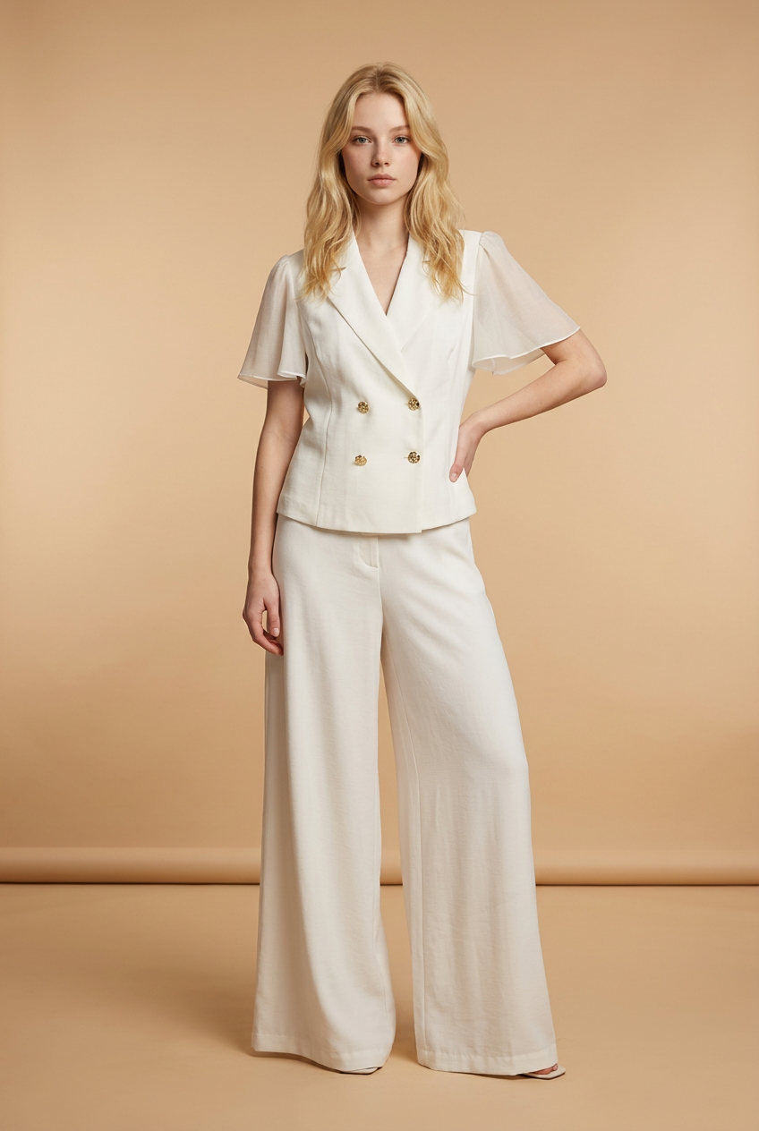 Elegant Ivory Double-Breasted Blouse & Wide-Leg Pants Set