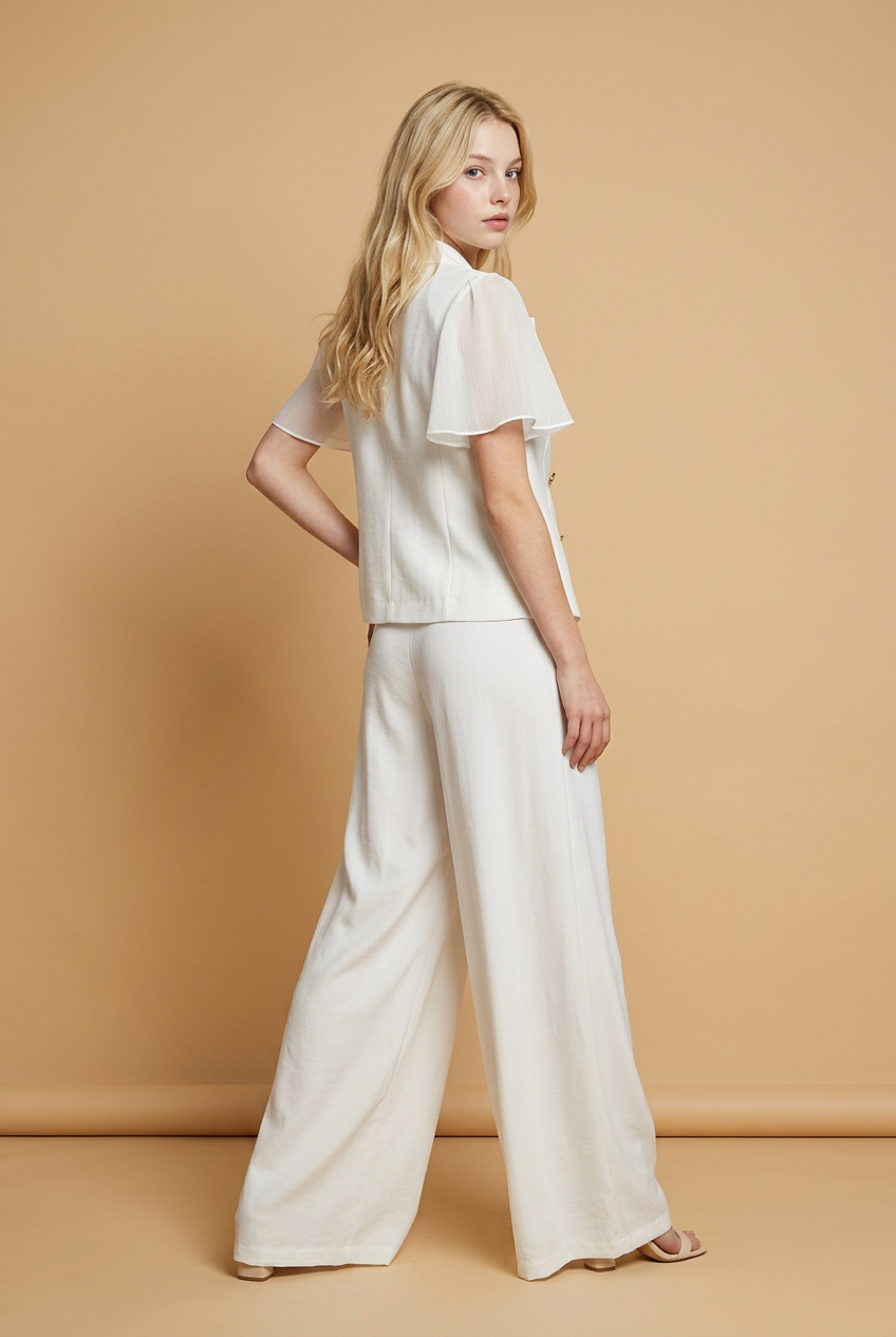 Elegant Ivory Double-Breasted Blouse & Wide-Leg Pants Set