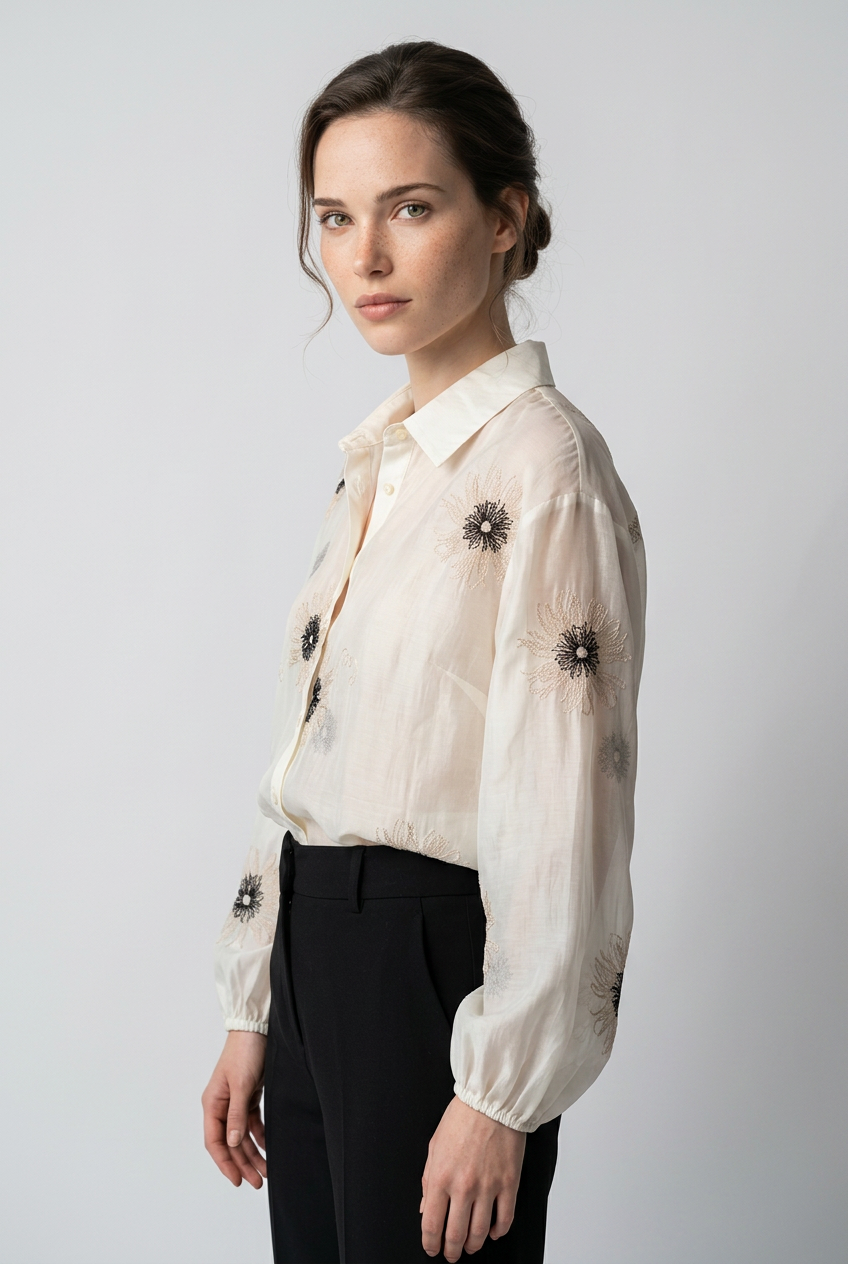 Elegant Floral Embroidered Ivory Women’s Shirt