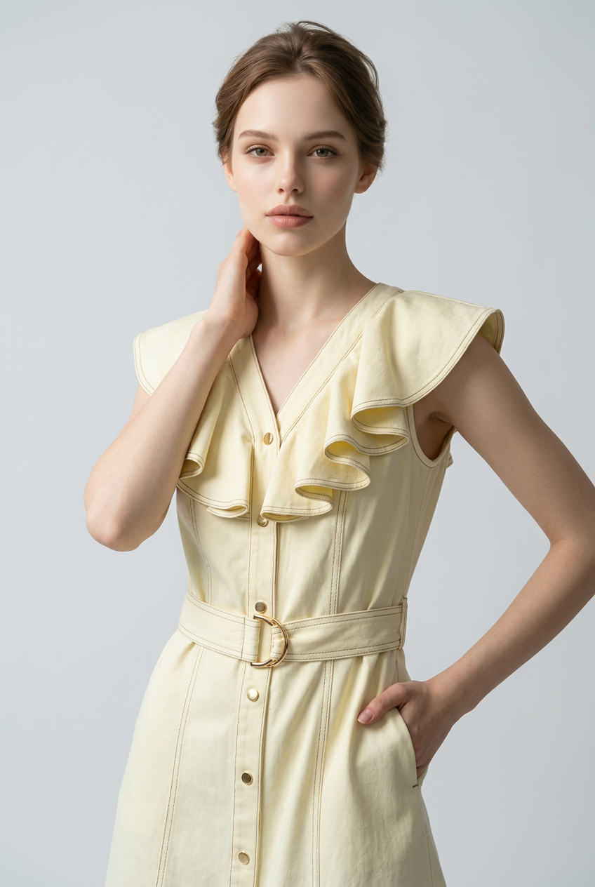 Elegant Ruffle Collar Belted Midi Dress