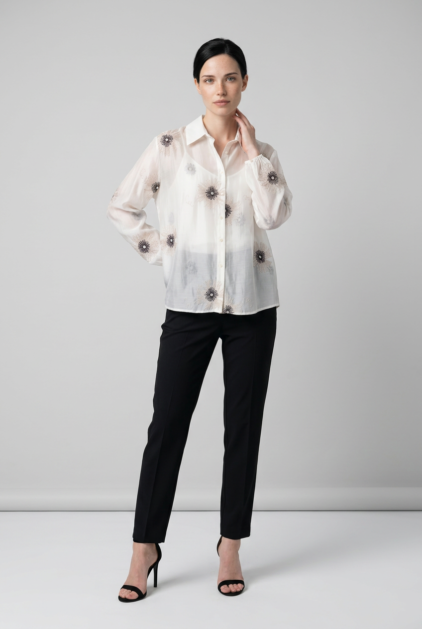 Elegant Floral Embroidered Ivory Women’s Shirt
