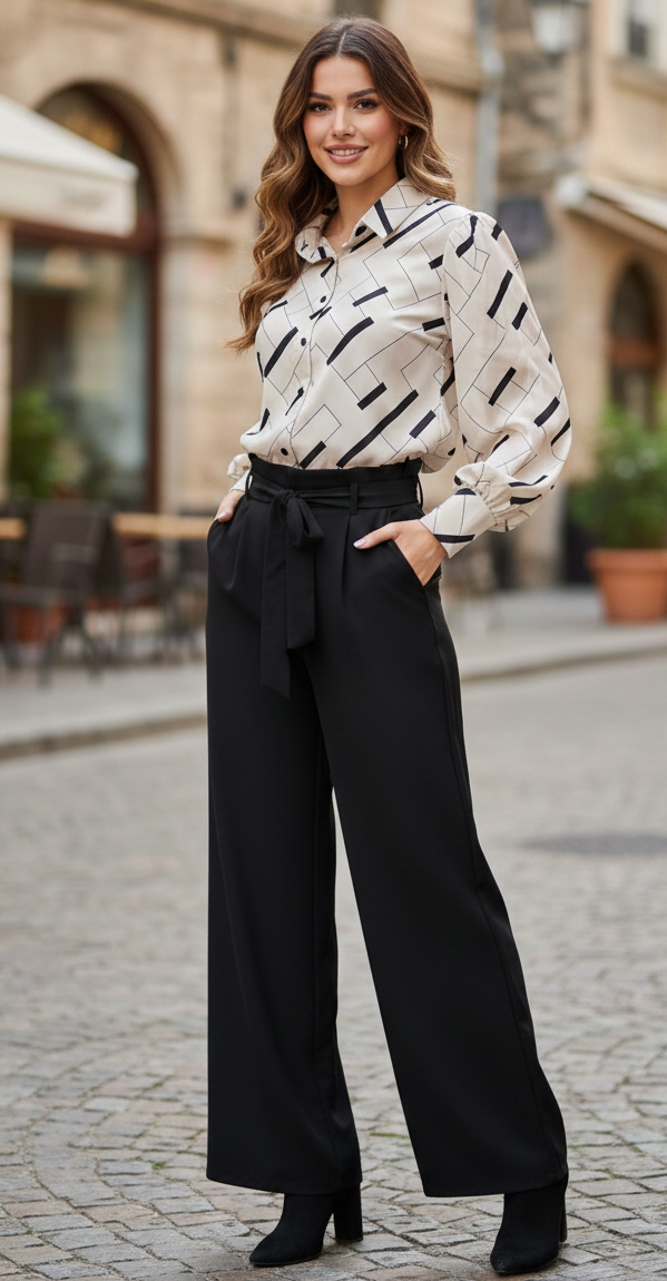 Beige Elegant Printed Blouse & Black Wide Pants Set