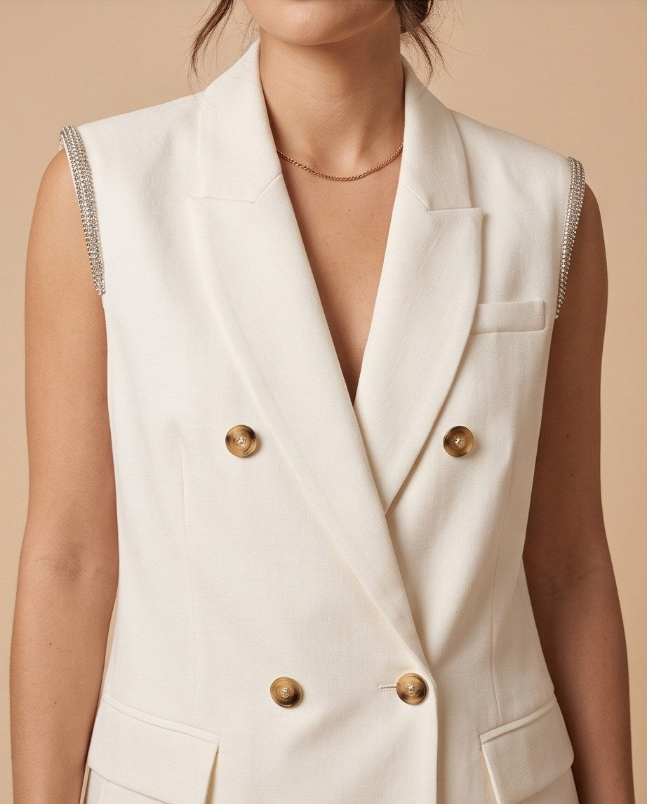 Double-Breasted Sleeveless Vest Suit - White | Premium Power Suit Set