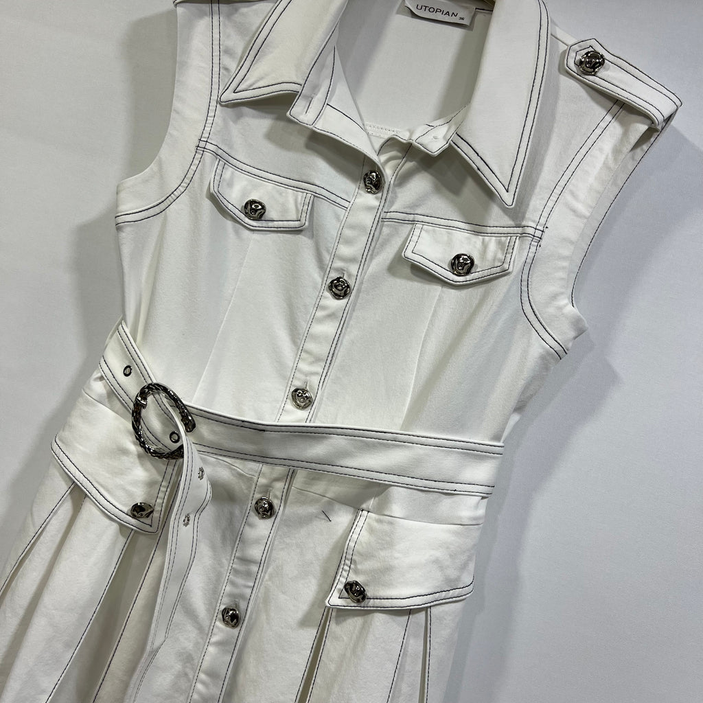 Classic Belted Sleeveless Shirt Dress