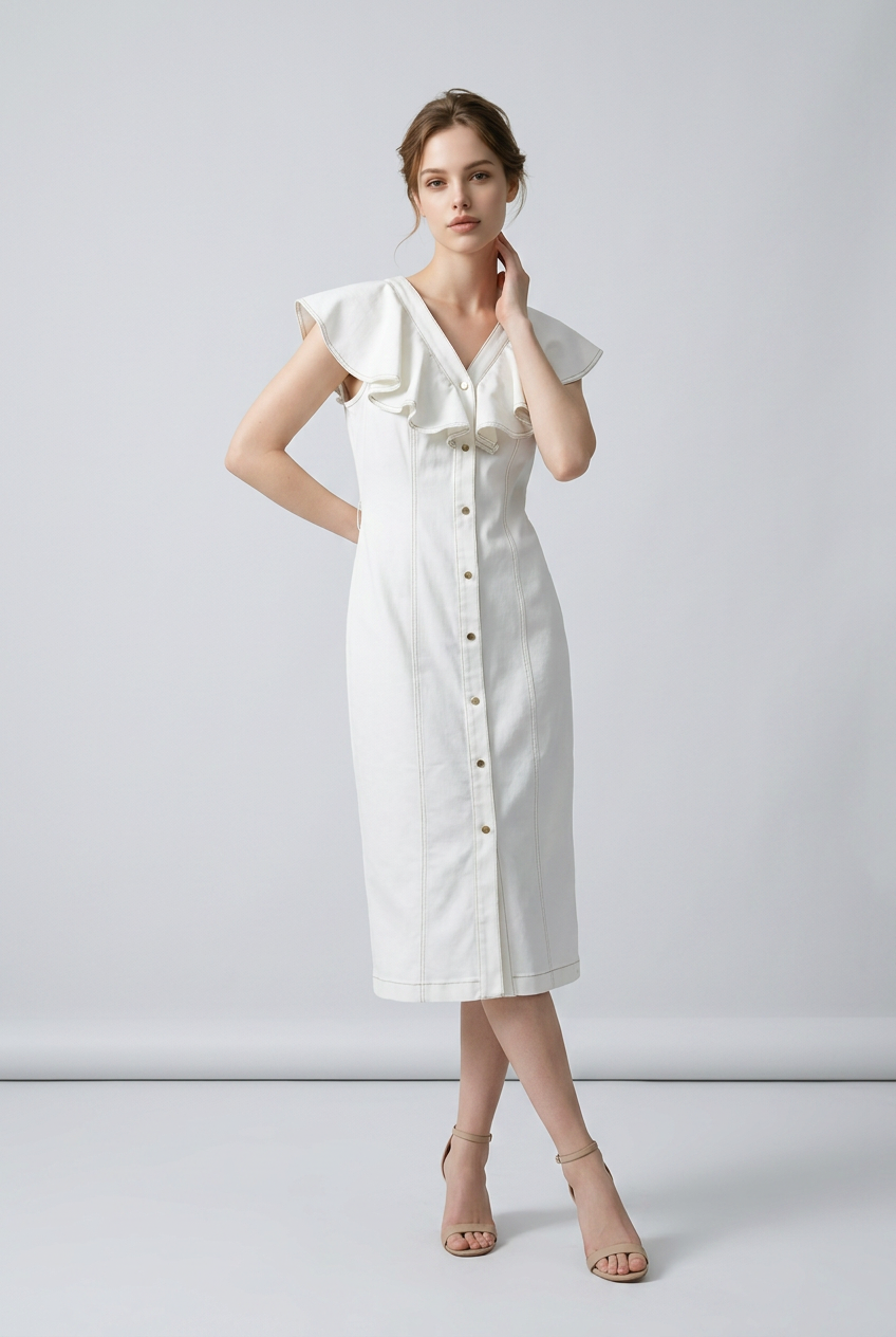 Elegant Ruffle Collar Belted Midi Dress