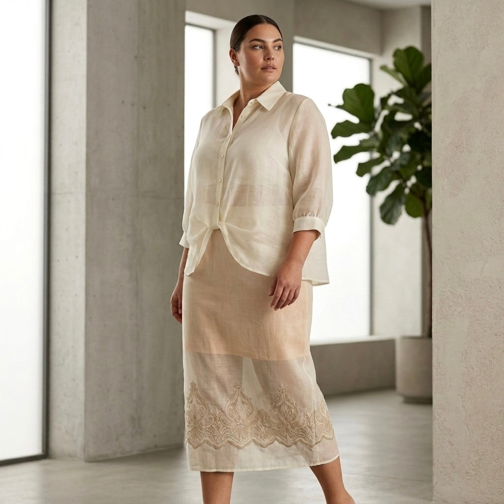 Light Yellow Embroidered Sheer Shirt & Skirt Set