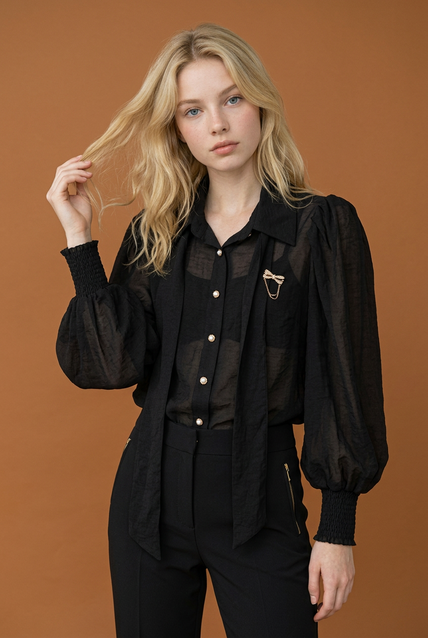 Black Chiffon Blouse with Bow Brooch