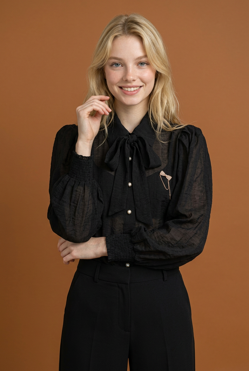 Black Chiffon Blouse with Bow Brooch