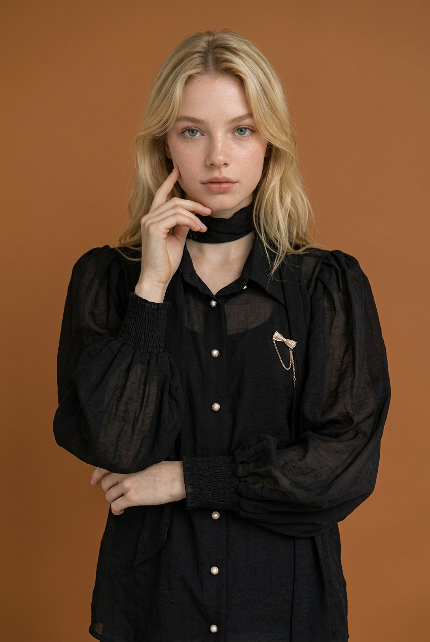 Black Chiffon Blouse with Bow Brooch