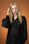 Black Chiffon Blouse with Bow Brooch