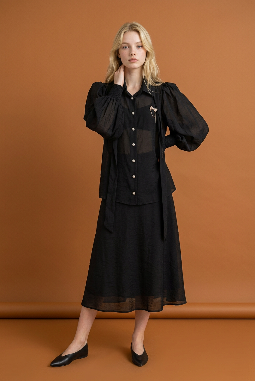 Black Chiffon Blouse with Bow Brooch