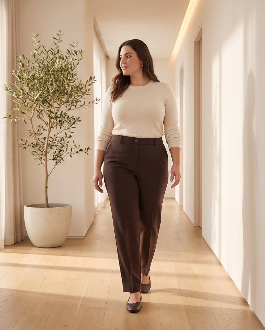 High-Waisted Straight-Leg Trousers - Brown