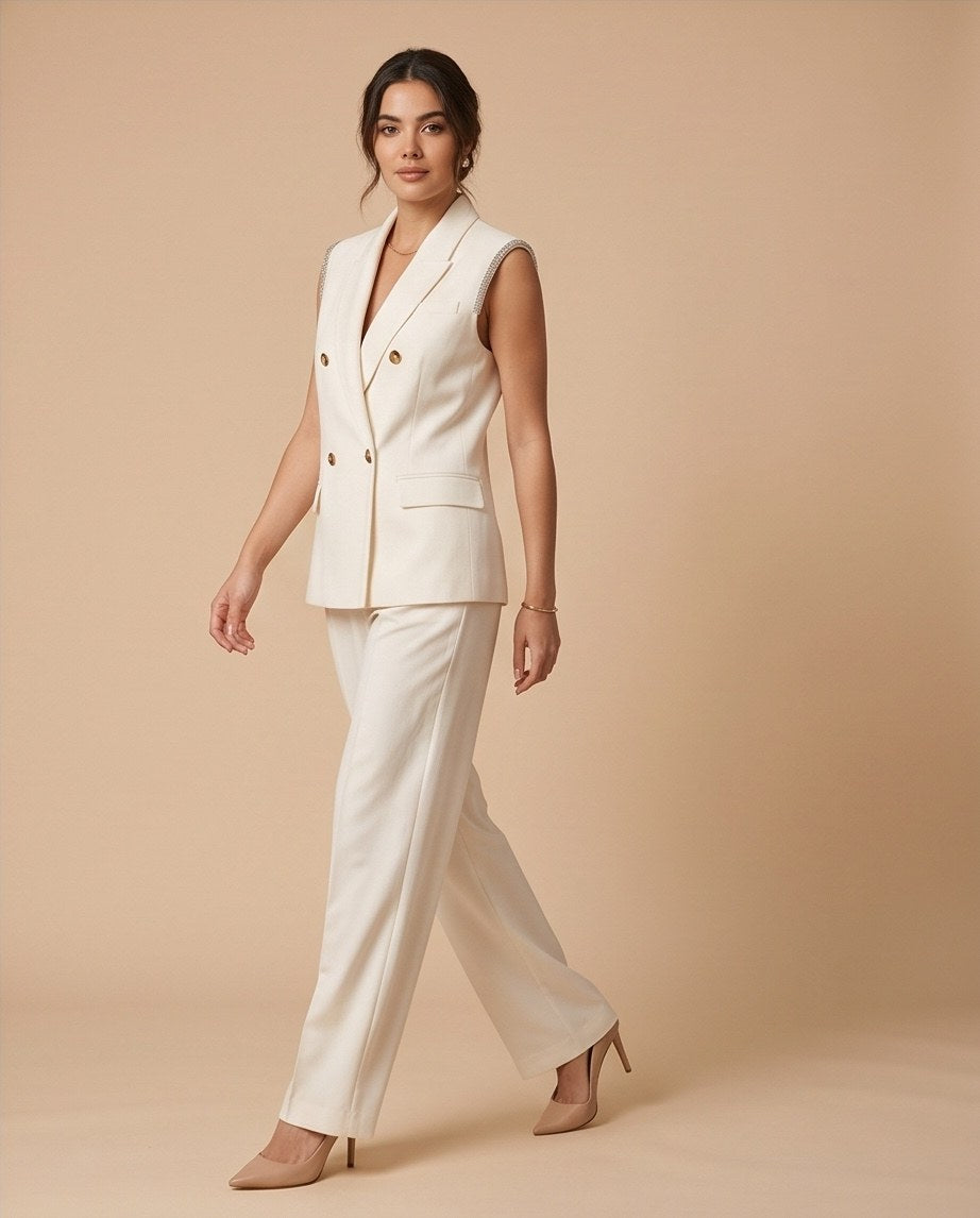 Double-Breasted Sleeveless Vest Suit - White | Premium Power Suit Set