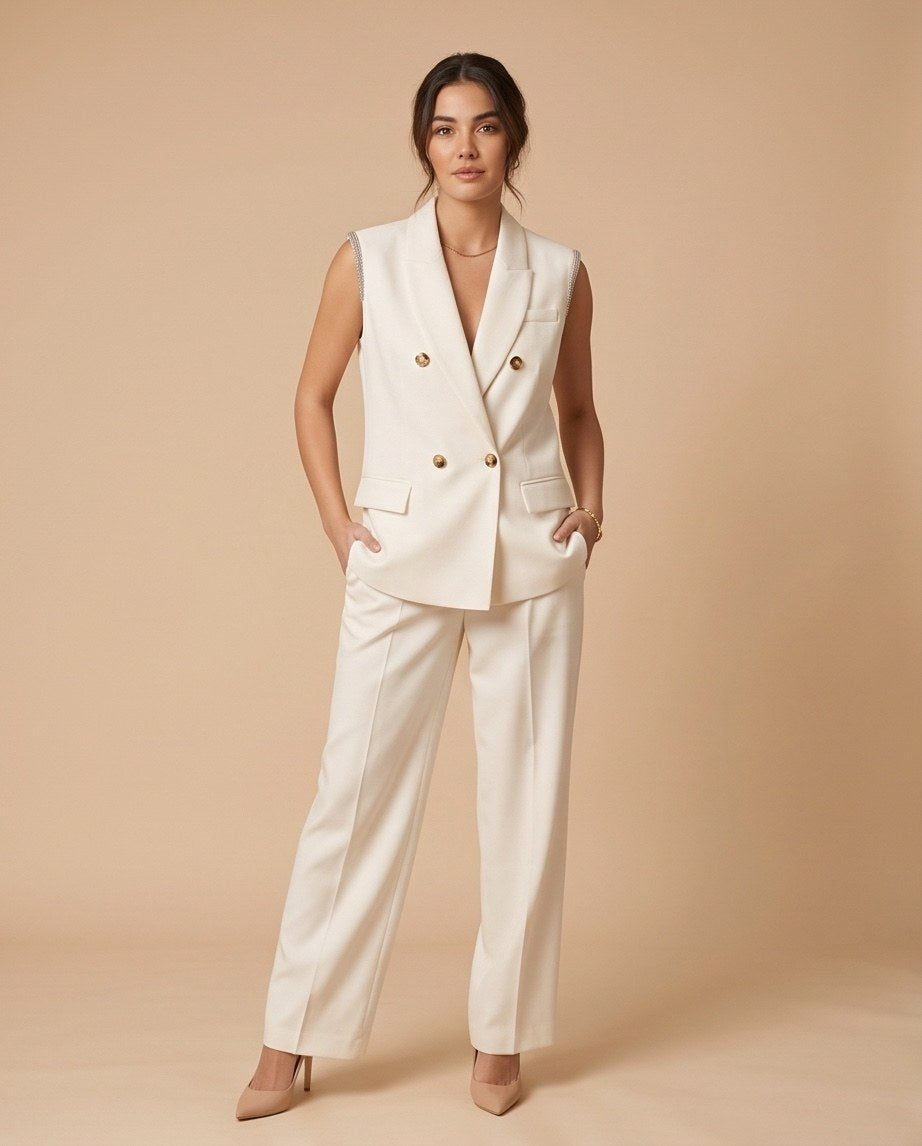 Double-Breasted Sleeveless Vest Suit - White | Premium Power Suit Set