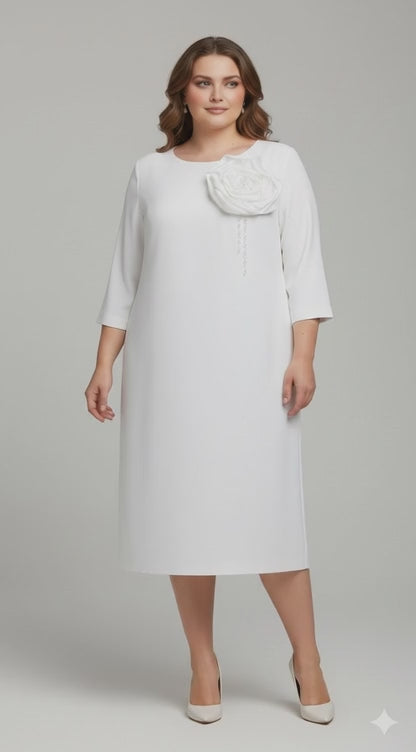 Elegant White Midi Dress with Floral Detail