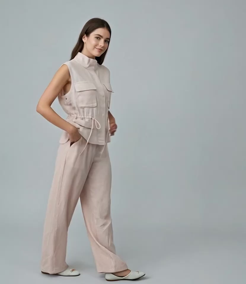 Elegant Linen Two-Piece Set – Sleeveless Top & Wide-Leg Pants
