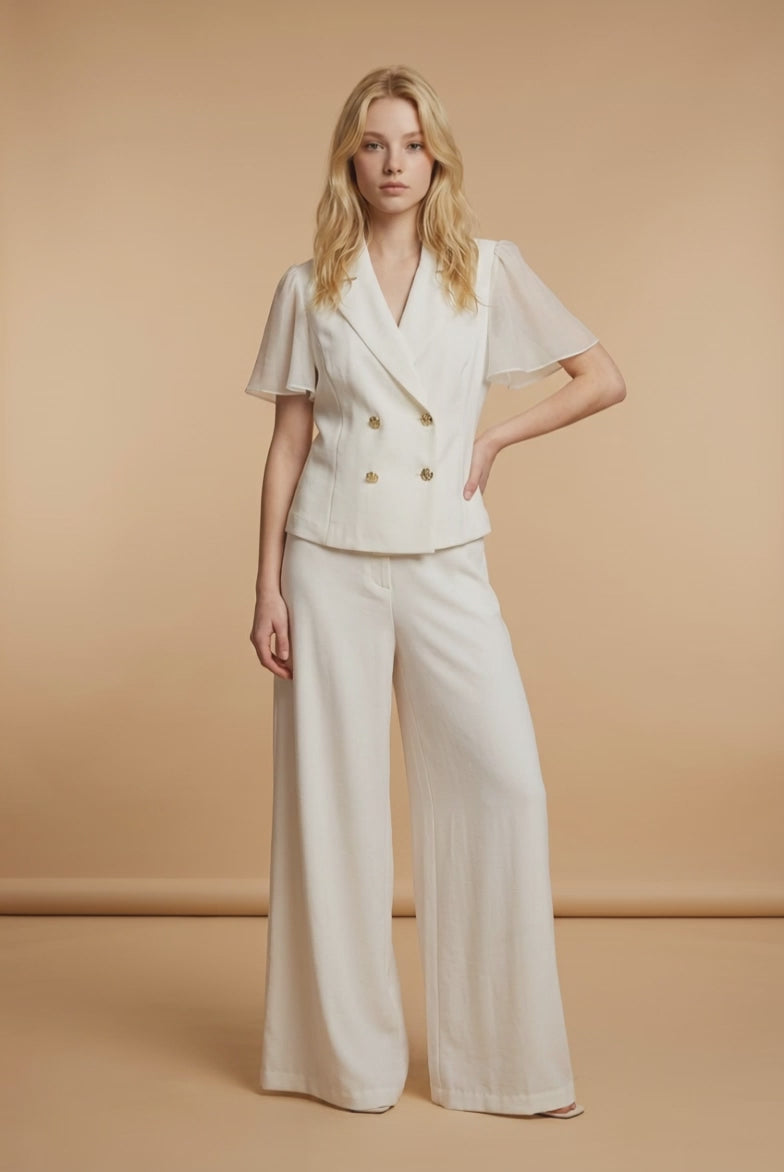 Elegant Ivory Double-Breasted Blouse & Wide-Leg Pants Set